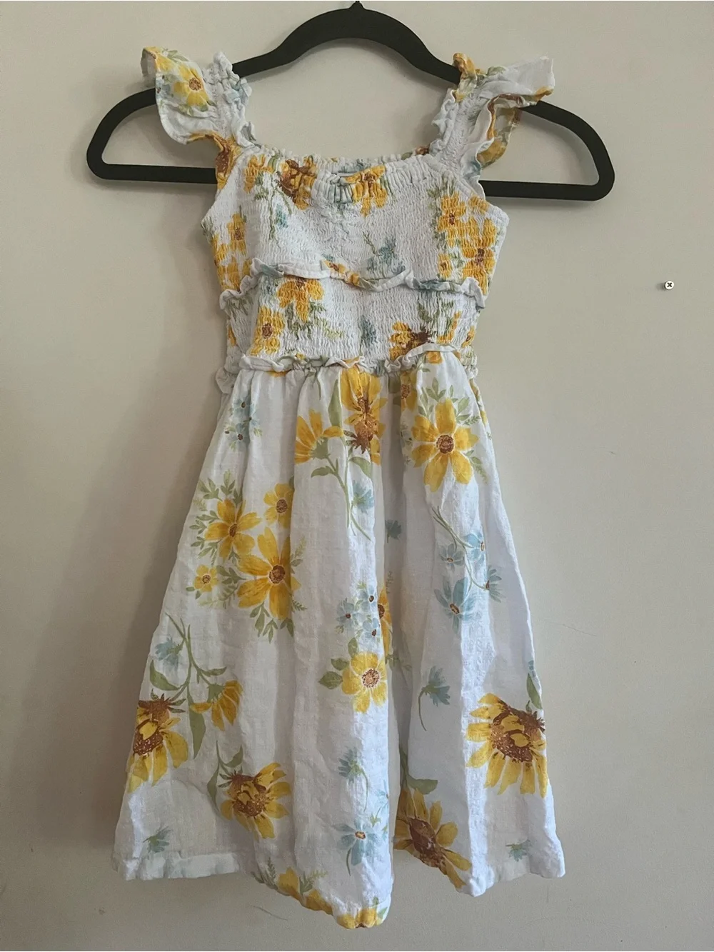 Old Navy Girls Sunflower Floral Smocked Midi Dress Small White Yellow Cottage